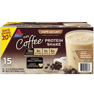 Atkins 15g Iced Coffee Protein Shake – Café Au Lait, 11 fl. oz., 15-Pack | Low Carb, Keto-Friendly, Ready-to-Drink
