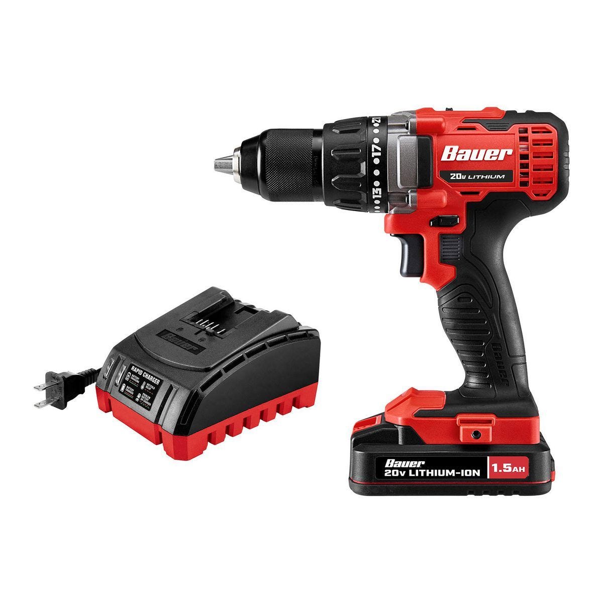 BAUER 20V Cordless 1/2 in. Drill/Driver Kit with 1.5 Ah Battery and Charger | All-Metal Gears & LED Light