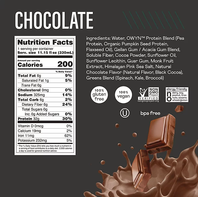 OWYN Pro Elite 32g Keto Plant Protein Shake – Chocolate, 11.15 fl. oz., 15-Pack | Vegan, Dairy-Free, Low Sugar