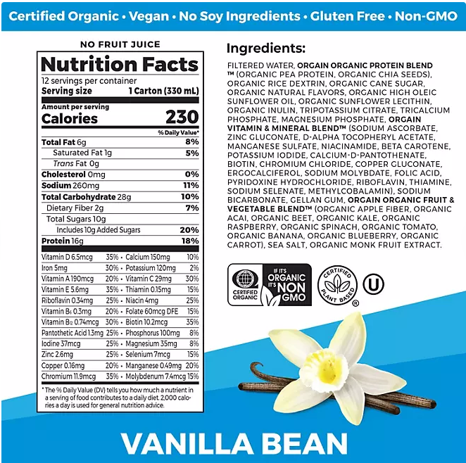 Orgain Organic Nutrition 16g Vegan Plant-Based Protein Shake – Vanilla Bean, 11 fl. oz., 12-Pack | Dairy-Free, Gluten-Free, Non-GMO