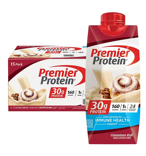 Premier Protein 30g High Protein Shake – Cinnamon Roll, 11 fl. oz., 15-Pack | Low Sugar, Ready-to-Drink