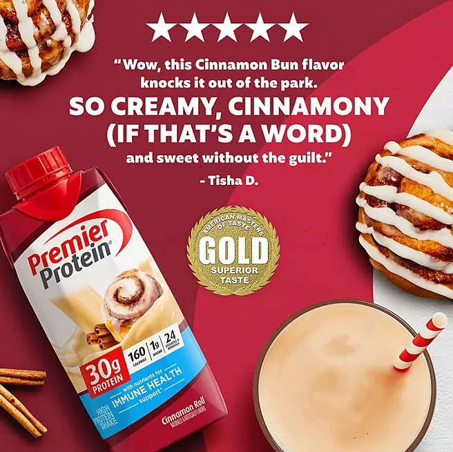 Premier Protein 30g High Protein Shake – Cinnamon Roll, 11 fl. oz., 15-Pack | Low Sugar, Ready-to-Drink