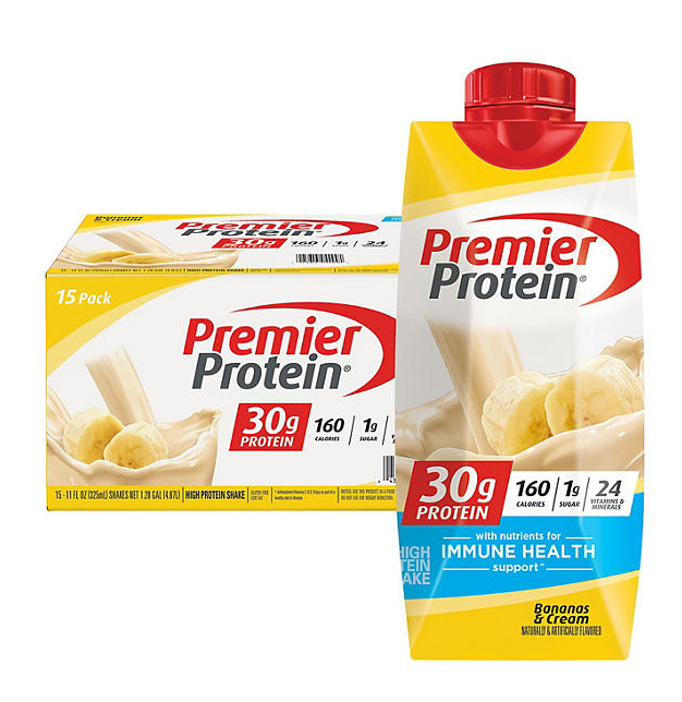 Premier Protein 30g High Protein Shake – Bananas & Cream, 11 fl. oz., 15-Pack | Low Sugar, Ready-to-Drink