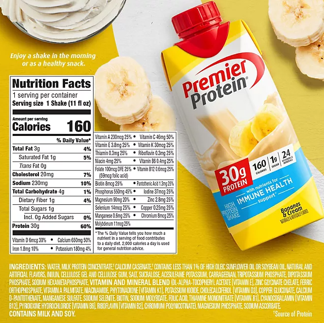 Premier Protein 30g High Protein Shake – Bananas & Cream, 11 fl. oz., 15-Pack | Low Sugar, Ready-to-Drink