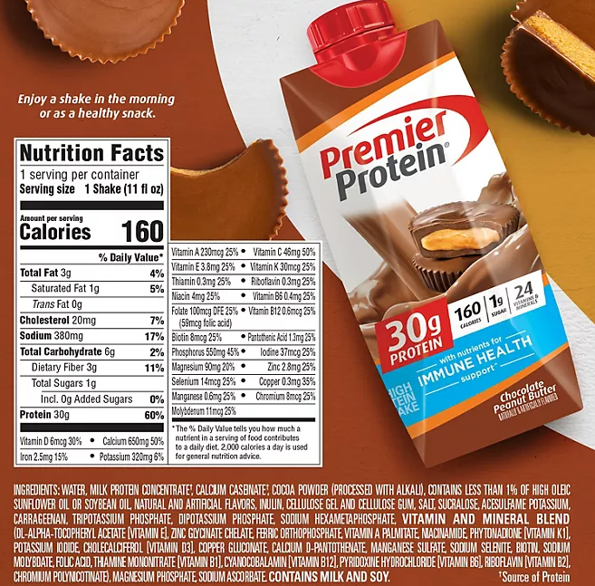 Premier Protein 30g High Protein Shake – Chocolate Peanut Butter, 11 fl. oz., 15-Pack | Low Sugar, Ready-to-Drink